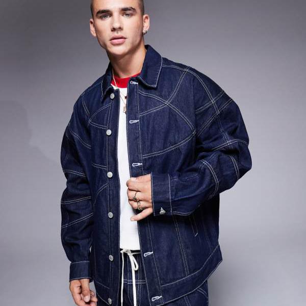 エイソス ASOS asos ASOS DESIGN コーデュロイ オーバーサイズ デニムジャケット シームディテール インディゴ アウター メンズ 男性 インポートブランド 小さいサイズから大きいサイズまで