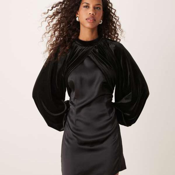 エイソス ASOS asos ASOS DESIGN サテン&ベルベットミックス ミニドレス ブラック ワンピース レディース 女性 インポートブランド 小さいサイズから大きいサイズまで