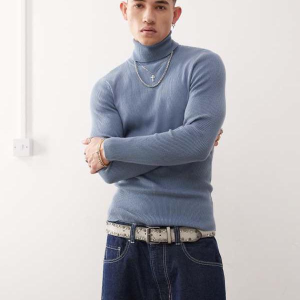 コリュージョン COLLUSION collusion COLLUSION ソフトニット ロールネック デニムブルー トップス メンズ 男性 インポートブランド 小さいサイズから大きいサイズまで