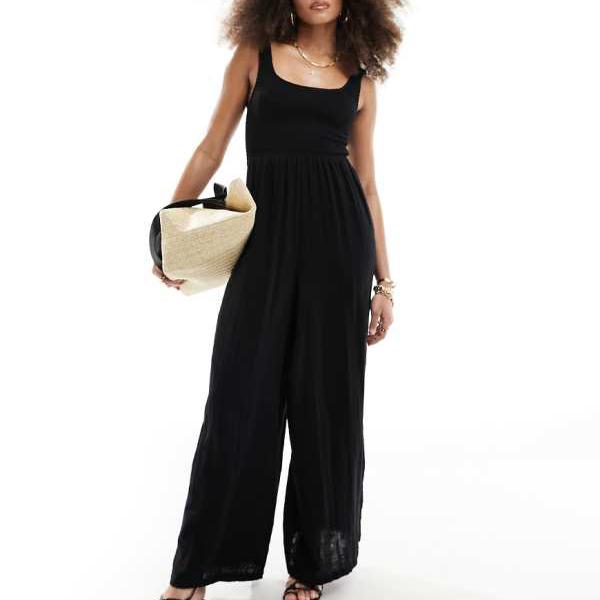 エイソス ASOS asos ASOS DESIGN スクープネック ワイドレッグ ジャンプスーツ (ブラック) オールインワン レディース 女性 インポートブランド 小さいサイズから大きいサイズまで