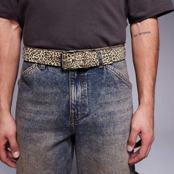 エイソス ASOS asos ASOS DESIGN フェイクレザー ヒョウ柄ベルト ディアマンテ スタッズ付き ベージュ ベルト メンズ 男性 インポートブランド