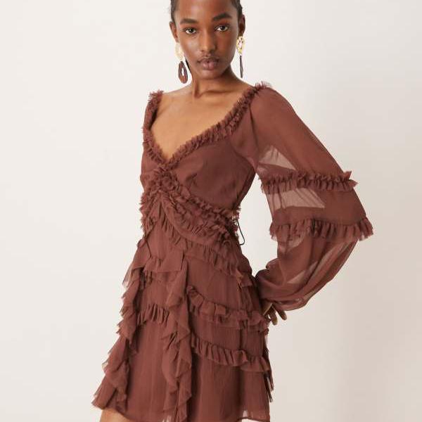エイソス ASOS asos ASOS DESIGN フリルディテール ブルゾンスリーブ ミニドレス チョコレート ワンピース レディース 女性 インポートブランド 小さいサイズから大きいサイズまで