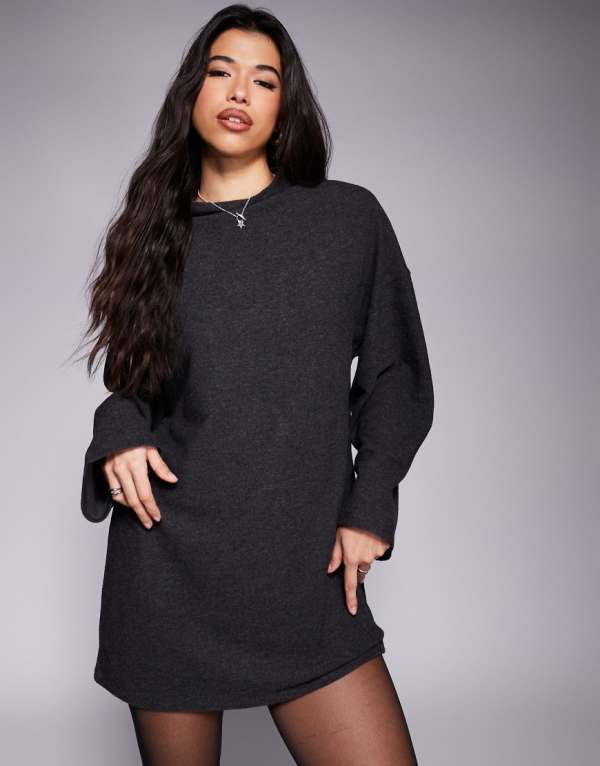 エイソス ASOS asos ASOS DESIGN スーパーソフト ハイネック フルートスリーブ ミニドレス チャコール ワンピース レディース 女性 インポートブランド 小さいサイズから大きいサイズまで