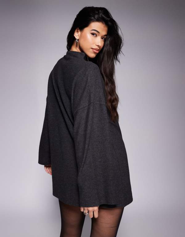 エイソス ASOS asos ASOS DESIGN スーパーソフト ハイネック フルートスリーブ ミニドレス チャコール ワンピース レディース 女性 インポートブランド 小さいサイズから大きいサイズまで