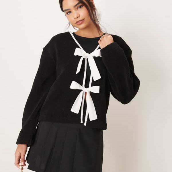 エイソス ASOS asos ASOS DESIGN ボウタイディテール付きボルグジャケット(ブラック) アウター レディース 女性 インポートブランド 小さいサイズから大きいサイズまで