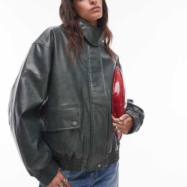 トップショップ Topshop TOPSHOP トップショップのフェイクレザーのオーバーサイズボンバージャケット（グリーン） アウター レディース 女性 インポートブランド 小さいサイズから大きいサイズまでのサムネイル