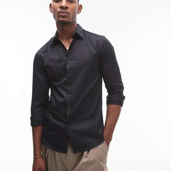 トップマン Topman TOPMAN Topman 長袖フォーマル スリムフィット サテンシャツ ブラック トップス メンズ 男性 インポートブランド 小さいサイズから大きいサイズまで