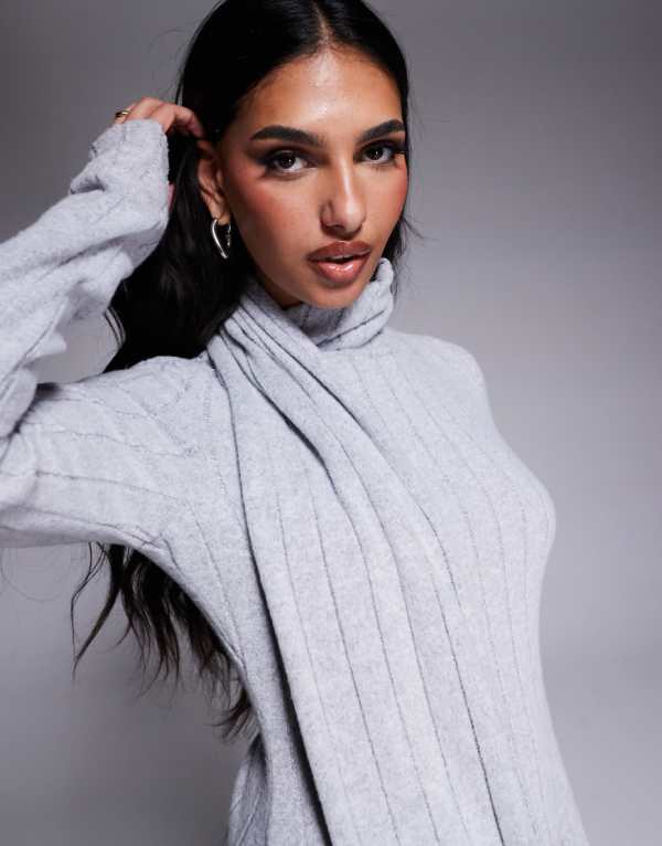 エイソス ASOS asos ASOS DESIGN リブ編みスカーフネックミニドレス グレーマール ワンピース レディース 女性 インポートブランド 小さいサイズから大きいサイズまで