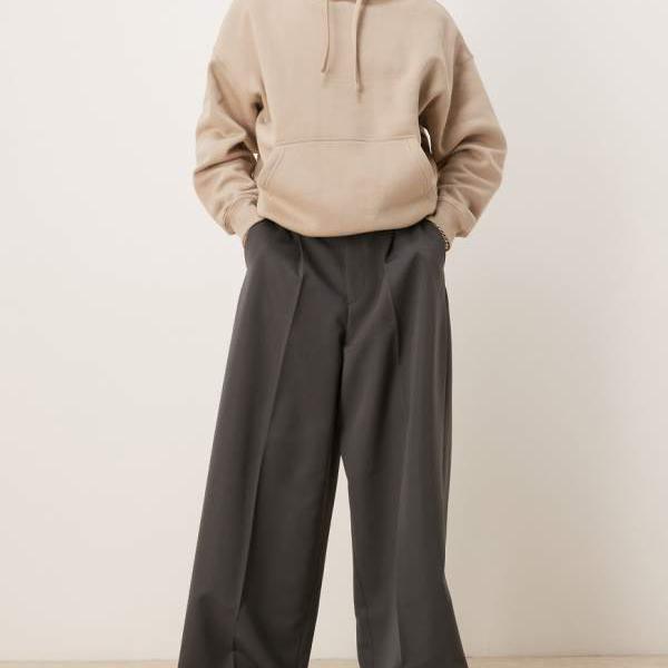 エイソス ASOS asos ASOS DESIGN スマートエクストリームワイドレッグパンツ フロントプリーツ チャコール パンツ ボトム メンズ 男性 インポートブランド 小さいサイズから大きいサイズまで