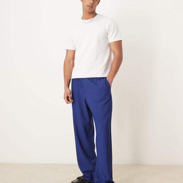 エイソス ASOS asos ASOS DESIGN 伸縮性のあるウエストのスマートなワイドレッグパンツ(ネイビー) パンツ ボトム メンズ 男性 インポートブランド 小さいサイズから大きいサイズまで