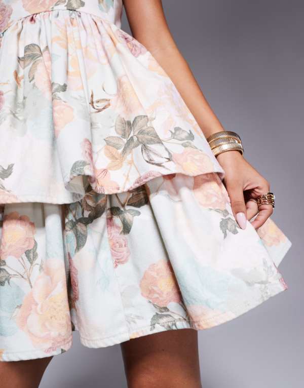 ASOS LUXE プリントデニム ベビードール ミニドレス ローズプリント ワンピース レディース 女性 インポートブランド 小さいサイズから大きいサイズまで