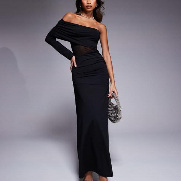 エイソス ASOS asos ASOS DESIGN メッシュカットアウト付きアシンメトリーワンショルダーマキシドレス（ブラック） ワンピース レディース 女性 インポートブランド 小さいサイズから大きいサイズまで