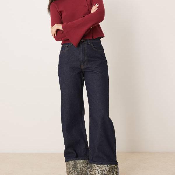 エイソス ASOS asos ASOS DESIGN ヒョウ柄 ターンアップ ジーンズ インディゴ パンツ ボトム レディース 女性 インポートブランド 小さいサイズから大きいサイズまで