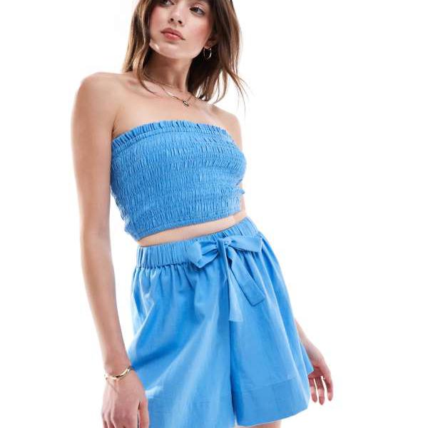 エイソス ASOS asos ASOS DESIGN イザベル ミックス&マッチ リネン風 シャーリング バンドゥ ビーチトップ ブルー レディース 女性 インポートブランド 小さいサイズから大きいサイズまで