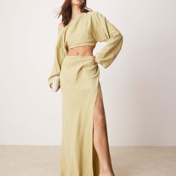 エイソス ASOS asos ASOS DESIGN フォールドショルダー カットアウト ミディアムドレス ライトオリーブ ワンピース レディース 女性 インポートブランド 小さいサイズから大きいサイズまで