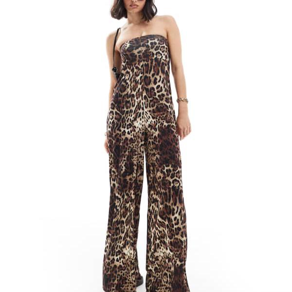 エイソス ASOS asos ASOS DESIGN ヒョウ柄バンドゥ トラペーズ ジャンプスーツ オールインワン レディース 女性 インポートブランド 小さいサイズから大きいサイズまで