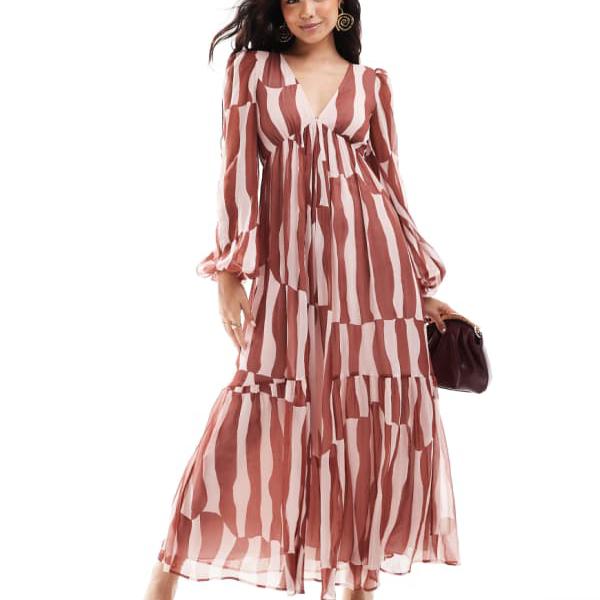 エイソス ASOS asos ASOS DESIGN 長袖 Vネック ティアード マキシドレス ラス