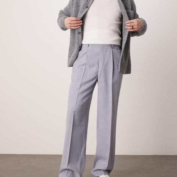 エイソス ASOS asos ASOS DESIGN ダスティブルークロスハッチのフロントプリーツ付きスマートワイドレッグパンツ パンツ ボトム メンズ 男性 インポートブランド 小さいサイズから大きいサイズまで
