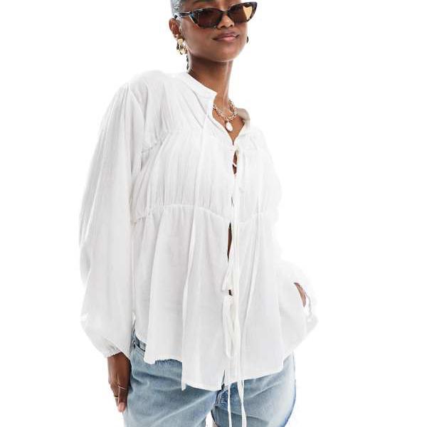 擦り切れたタイフロントの長袖ブラウス（白） トップス レディース 女性 インポートブランド 小さいサイズから大きいサイズまで