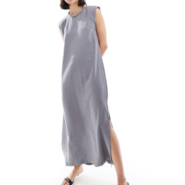 エイソス ASOS asos ASOS DESIGN ノースリーブ ショルダーパッド Tシャツ ミディドレス グレー ワンピース レディース 女性 インポートブランド 小さいサイズから大きいサイズまで