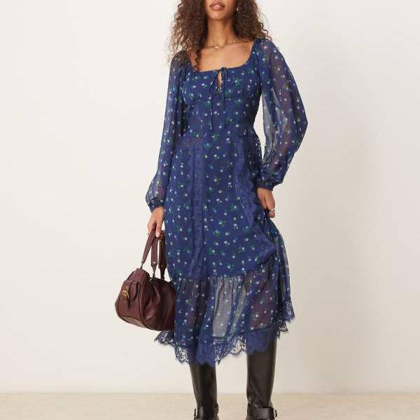 エイソス ASOS asos ASOS DESIGN 長袖タイフロントミディドレス、レースインサート