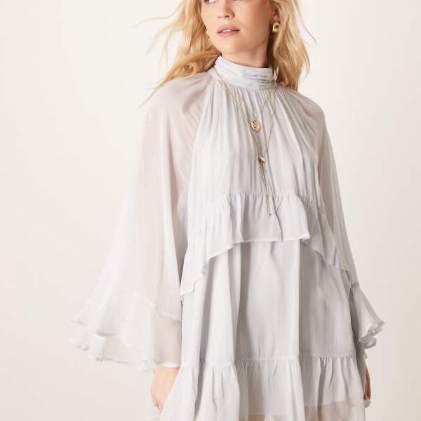 エイソス ASOS asos ASOS DESIGN ハイネック フリル ミニドレス ブルー ワンピ
