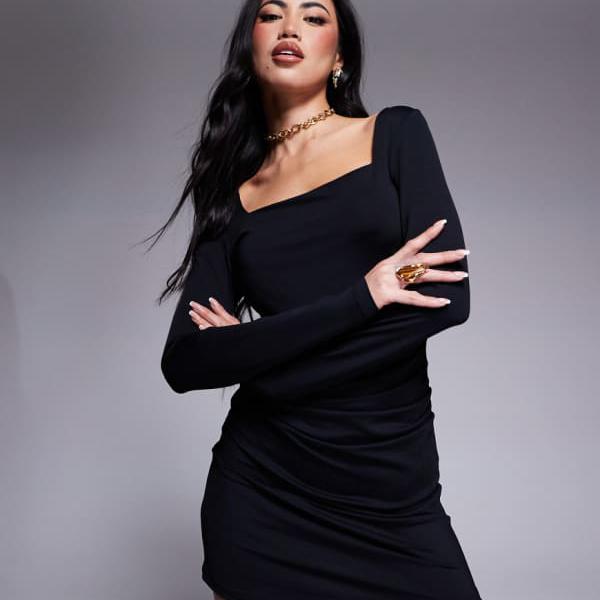 エイソス ASOS asos ASOS DESIGN スクエアネック ミニドレス ギャザー付き ブラック ワンピース レディース 女性 インポートブランド 小さいサイズから大きいサイズまで