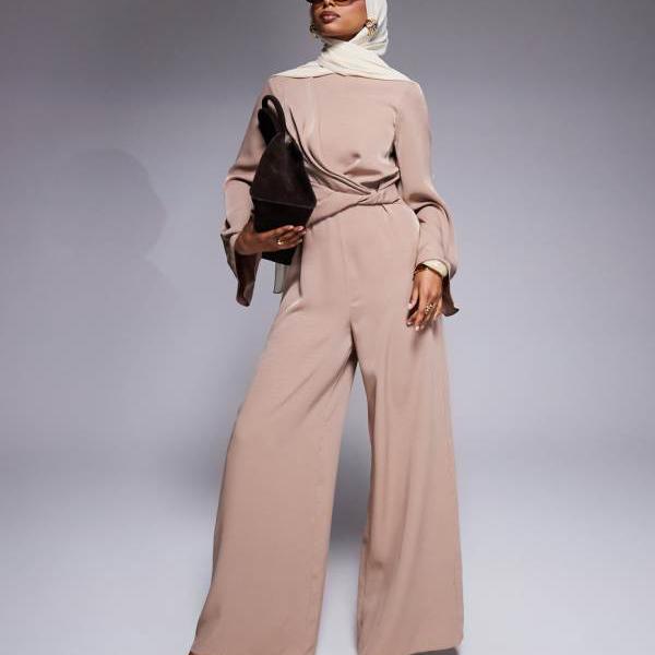 エイソス ASOS asos ASOS DESIGN ツイストフロント ワイドレッグ ジャンプスーツ キャメル オールインワン レディース 女性 インポートブランド 小さいサイズから大きいサイズまで