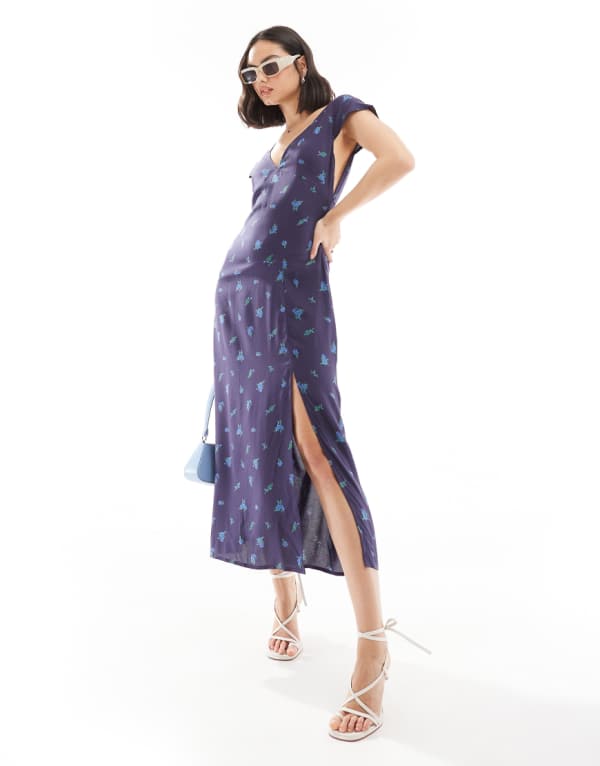 エイソス ASOS asos ASOS DESIGN Vネック フラッタースリーブ ミディ ティードレス ネイビー ディッツィー フローラルプリント ワンピース レディース 女性 インポートブランド 小さいサイズから大きいサイズまで