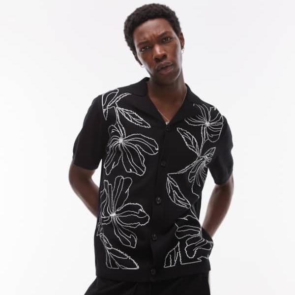 トップマン Topman TOPMAN Topman フロント刺繍ニットシャツ ブラック トップス メンズ 男性 インポートブランド 小さいサイズから大きいサイズまで