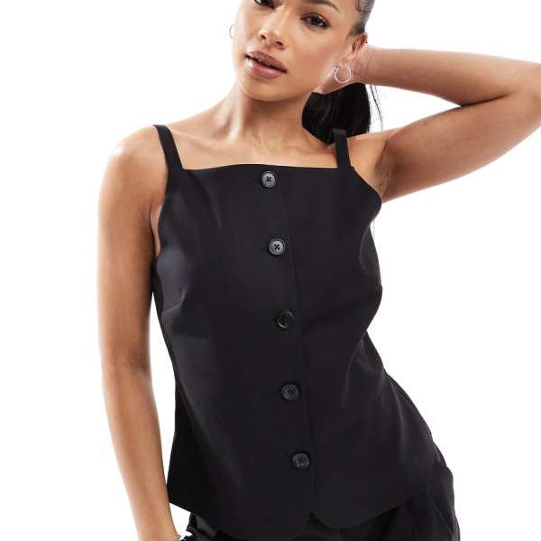 4th & Reckless プチスクエアネック ノースリーブ ボタンスルー ウエストコート コーデ ブラック トップス レディース 女性 インポートブランド 小さいサイズから大きいサイズまで