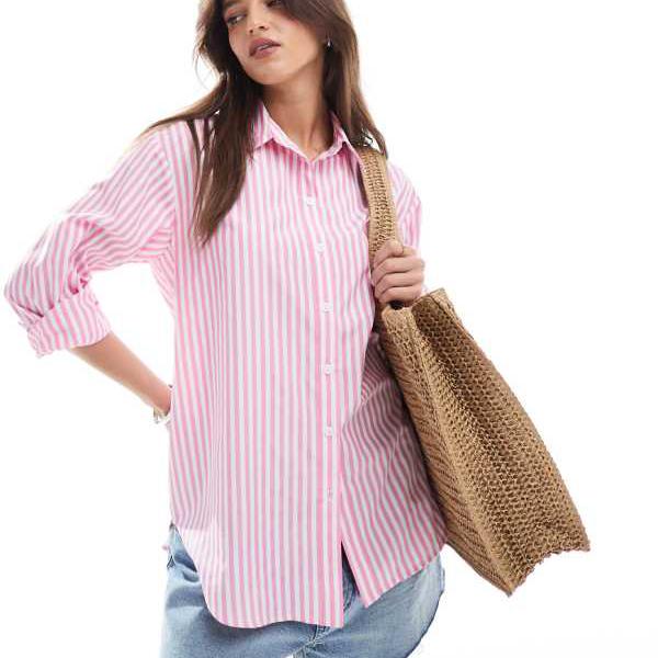 ミスセルフリッジ Miss Selfridge ミスセルフリッジのピンクのキャンディストライプのオーバーサイズシャツ トップス レディース 女性 インポートブランド 小さいサイズから大きいサイズまで