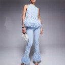ASOS LUXE コーデ装飾パールジーンズ、フェイクフェザー裾、ブルー パンツ ボトム レディース 女性 インポートブランド 小さいサイズから大きいサイズまで