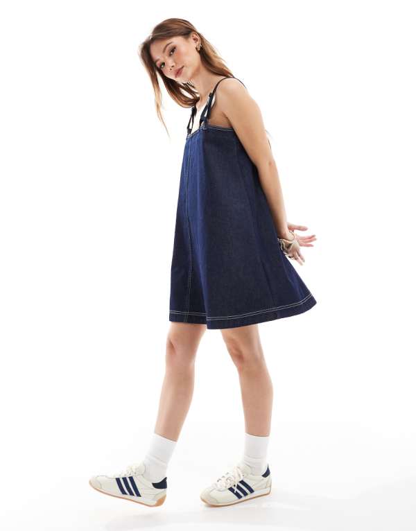 エイソス ASOS asos ASOS DESIGN フィッシャーマンストラップ付きデニムミニドレス ワンピース レディース 女性 インポートブランド 小さいサイズから大きいサイズまで