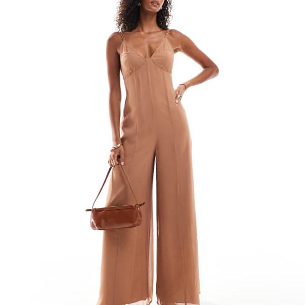 エイソス ASOS asos ASOS DESIGN Vネック シアーパネル シフォン ジャンプスーツ モカ オールインワン レディース 女性 インポートブランド 小さいサイズから大きいサイズまで