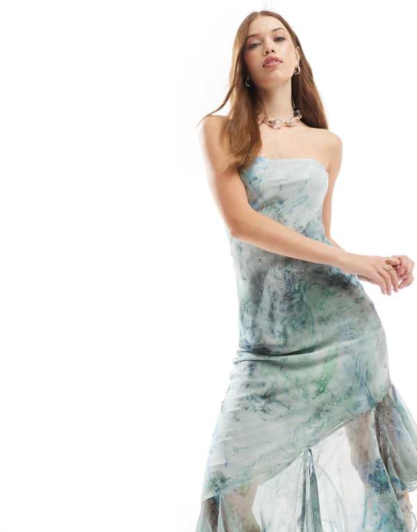 エイソス ASOS asos ASOS DESIGN マーブルプリントのアシンメトリーなフリル裾のバンドゥマキシドレス ワンピース レディース 女性 インポートブランド 小さいサイズから大きいサイズまで