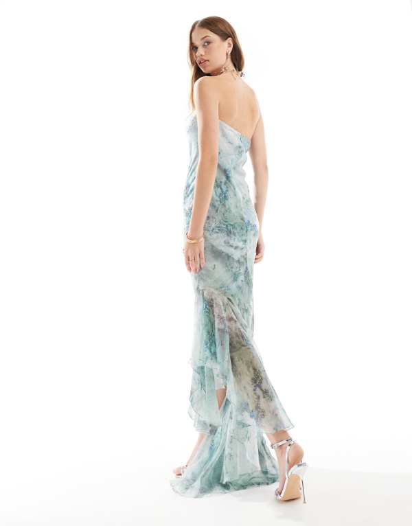 エイソス ASOS asos ASOS DESIGN マーブルプリントのアシンメトリーなフリル裾のバンドゥマキシドレス ワンピース レディース 女性 インポートブランド 小さいサイズから大きいサイズまで