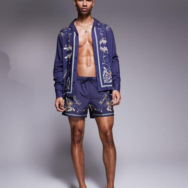 エイソス ASOS asos ASOS DESIGN コーディネート スイムショーツ ショート丈 パターンボーダー ネイビー 水着 メンズ 男性 インポートブランド 小さいサイズから大きいサイズまで