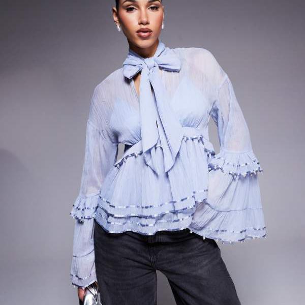 ASOS LUXE パール装飾シフォン 誇張ブラウス ブルー トップス レディース 女性 インポート