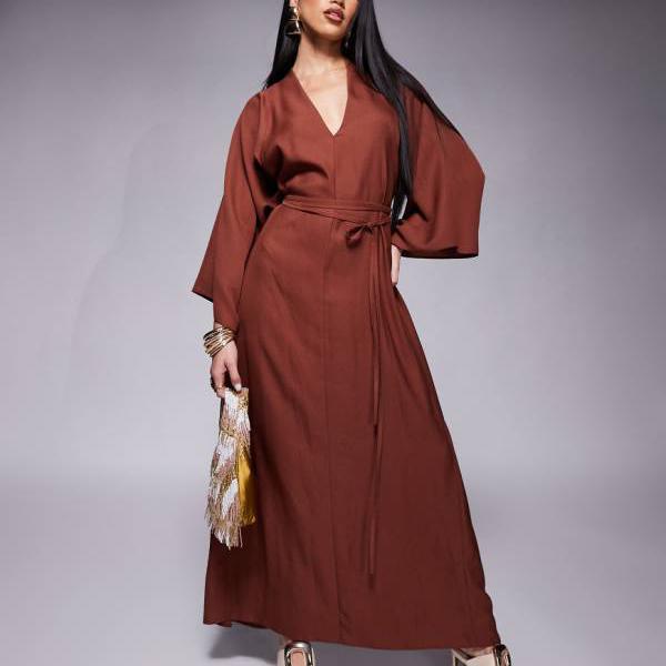 エイソス ASOS asos ASOS DESIGN 着物ラップアラウンドミディドレス ダークブラウン ワンピース レディース 女性 インポートブランド 小さいサイズから大きいサイズまで