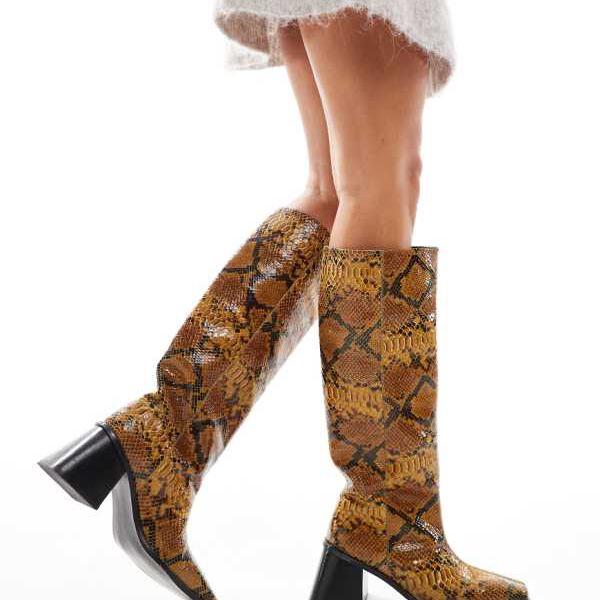 エイソス ASOS asos ASOS DESIGN コネクトレザープルオンニーブーツ フレアヒール スネーク 靴 レディース 女性 インポートブランド 小さいサイズから大きいサイズまで