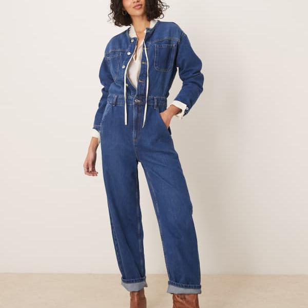 エイソス ASOS asos ASOS DESIGN プレミアムカラーレスデニムジャンプスーツ ミッドウォッシュブルー オールインワン レディース 女性 インポートブランド 小さいサイズから大きいサイズまで
