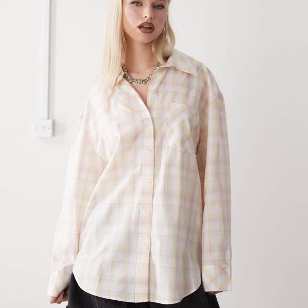 モンキ Monki モンキ オーバーサイズ コットン シャツ ピンク & イエロー チェック トップ