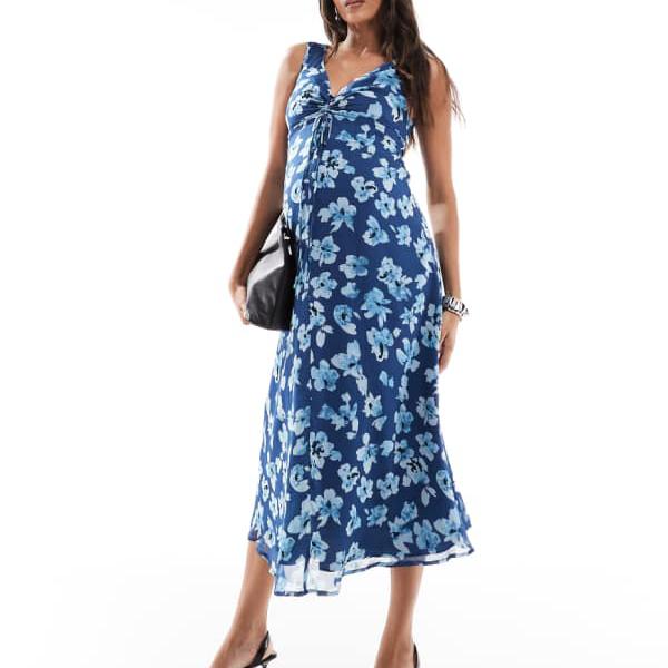 エイソス ASOS asos ASOS DESIGN マタニティ Vネック ミディドレス、ブルーフローラルのフリルバストディテール ワンピース レディース 女性 インポートブランド 小さいサイズから大きいサイズまで