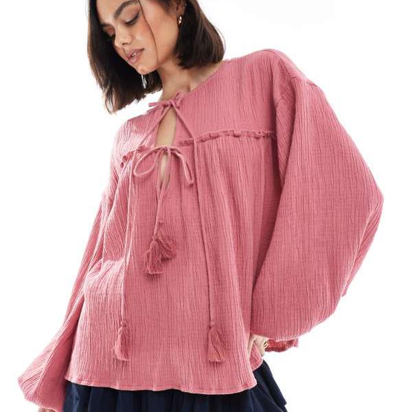 エイソス ASOS asos ASOS DESIGN テクスチャードコットンスモックトップ、タイディテール付き、ローズピンク トップス レディース 女性 インポートブランド 小さいサイズから大きいサイズまで