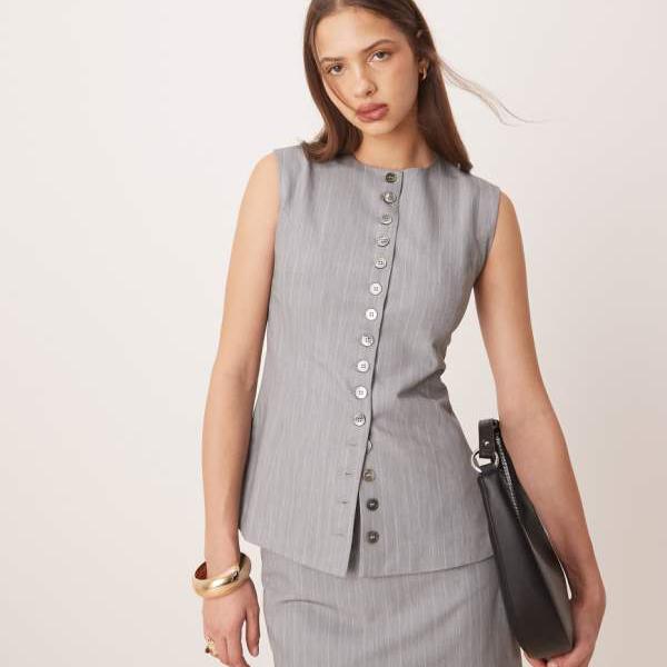 グラマラス Glamorous 魅力的なグレーのピンストライプのボタンダウントップス トップス レデ
