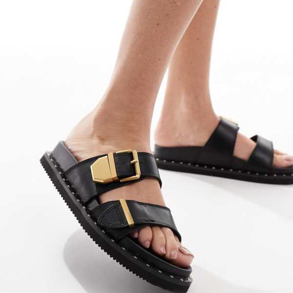 アルド ALDO ALDO Elyna ダブルバックル フットベッド サンダル ブラックレザー 靴 