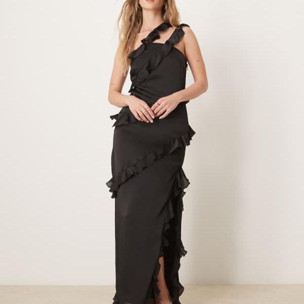 プリティーラビッシュ Pretty Lavish Pretty Lavish アシンメトリー フリル ワンショルダー マキシドレス ブラック ワンピース レディース 女性 インポートブランド 小さいサイズから大きいサイズまで