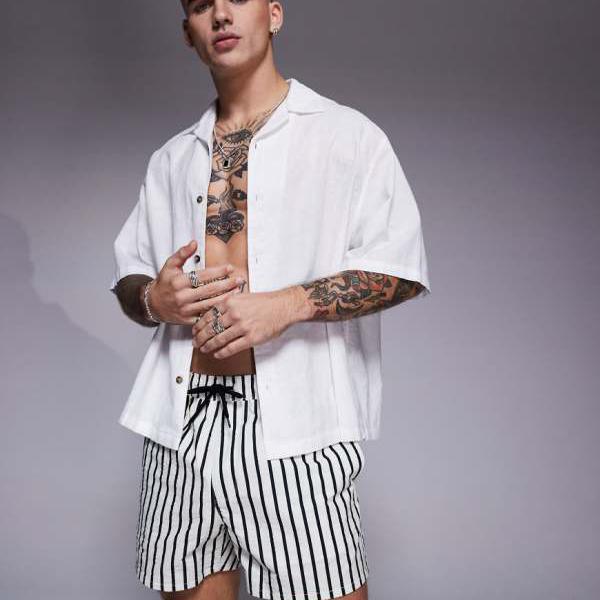 エイソス ASOS asos ASOS DESIGN シアサッカー スイムショーツ ショート丈 黒と白のストライプ 水着 メンズ 男性 インポートブランド 小さいサイズから大きいサイズまで