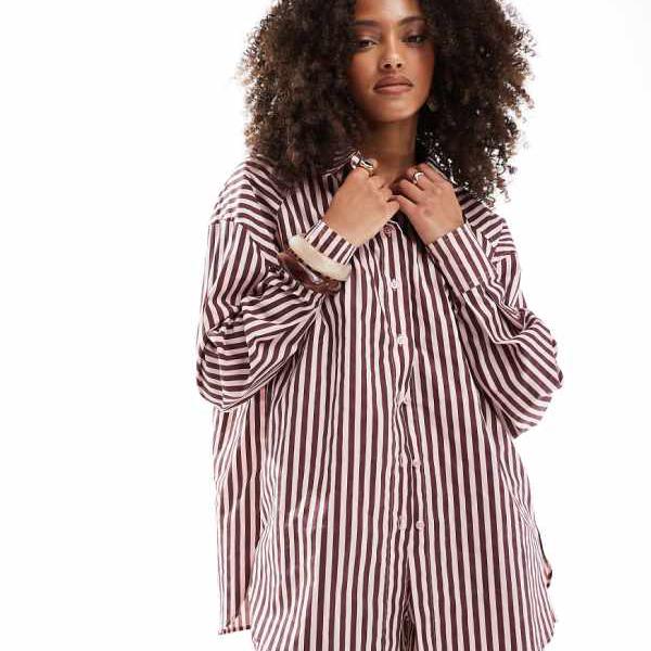エイソス ASOS asos ASOS DESIGN のバーガンディとピンクのストライプのリラックス